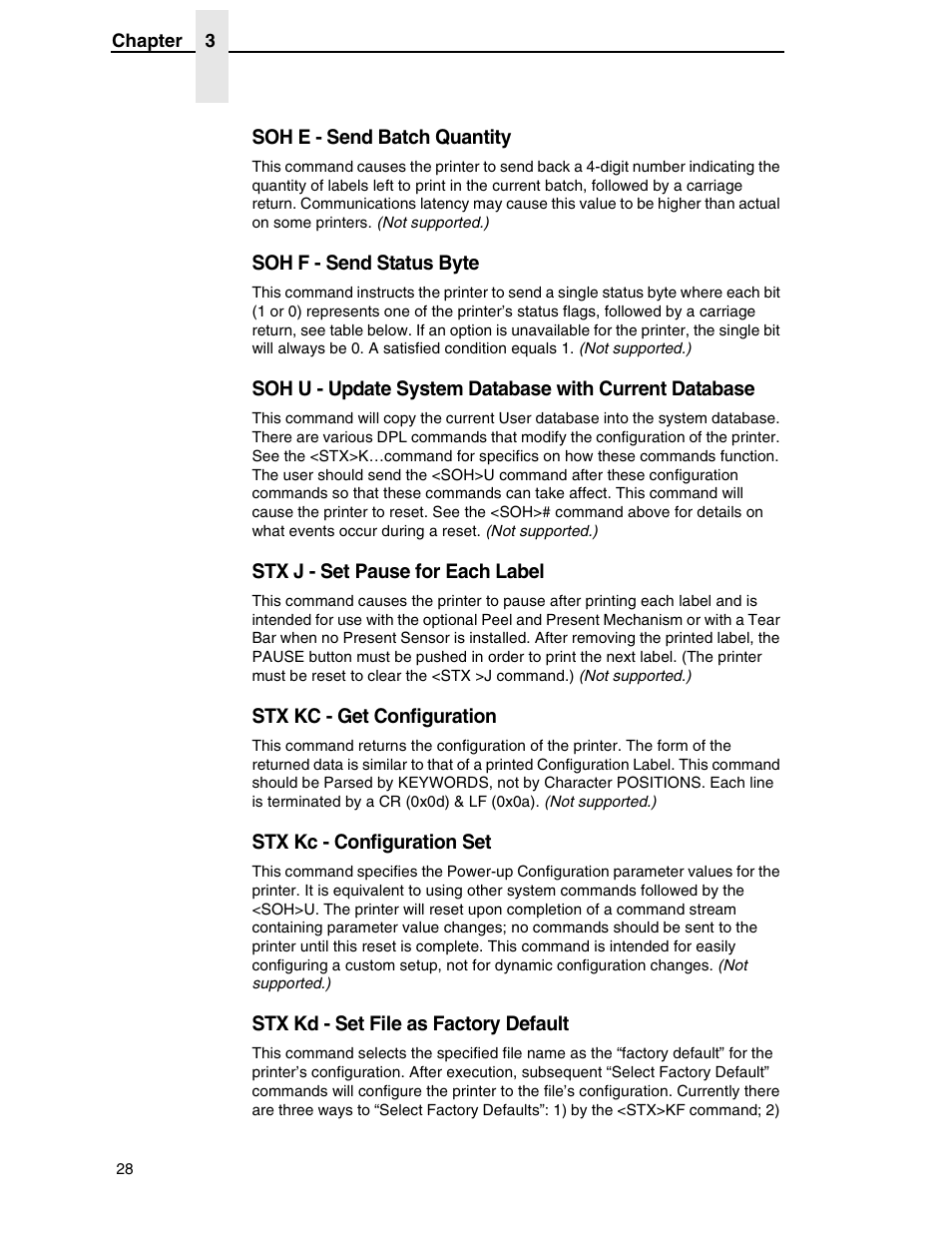 Soh e - send batch quantity, Soh f - send status byte, Stx j - set pause for each label | Stx kc - get configuration, Stx kc - configuration set, Stx kd - set file as factory default | Datamax DGL User Manual | Page 28 / 56