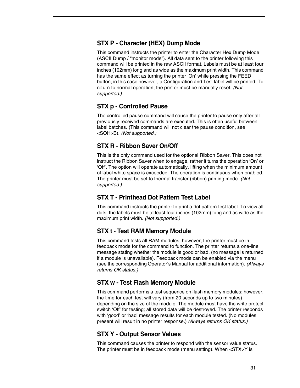 Stx p - character (hex) dump mode, Stx p - controlled pause, Stx r - ribbon saver on/off | Stx t - printhead dot pattern test label, Stx t - test ram memory module, Stx w - test flash memory module, Stx y - output sensor values | Datamax DGL User Manual | Page 31 / 56