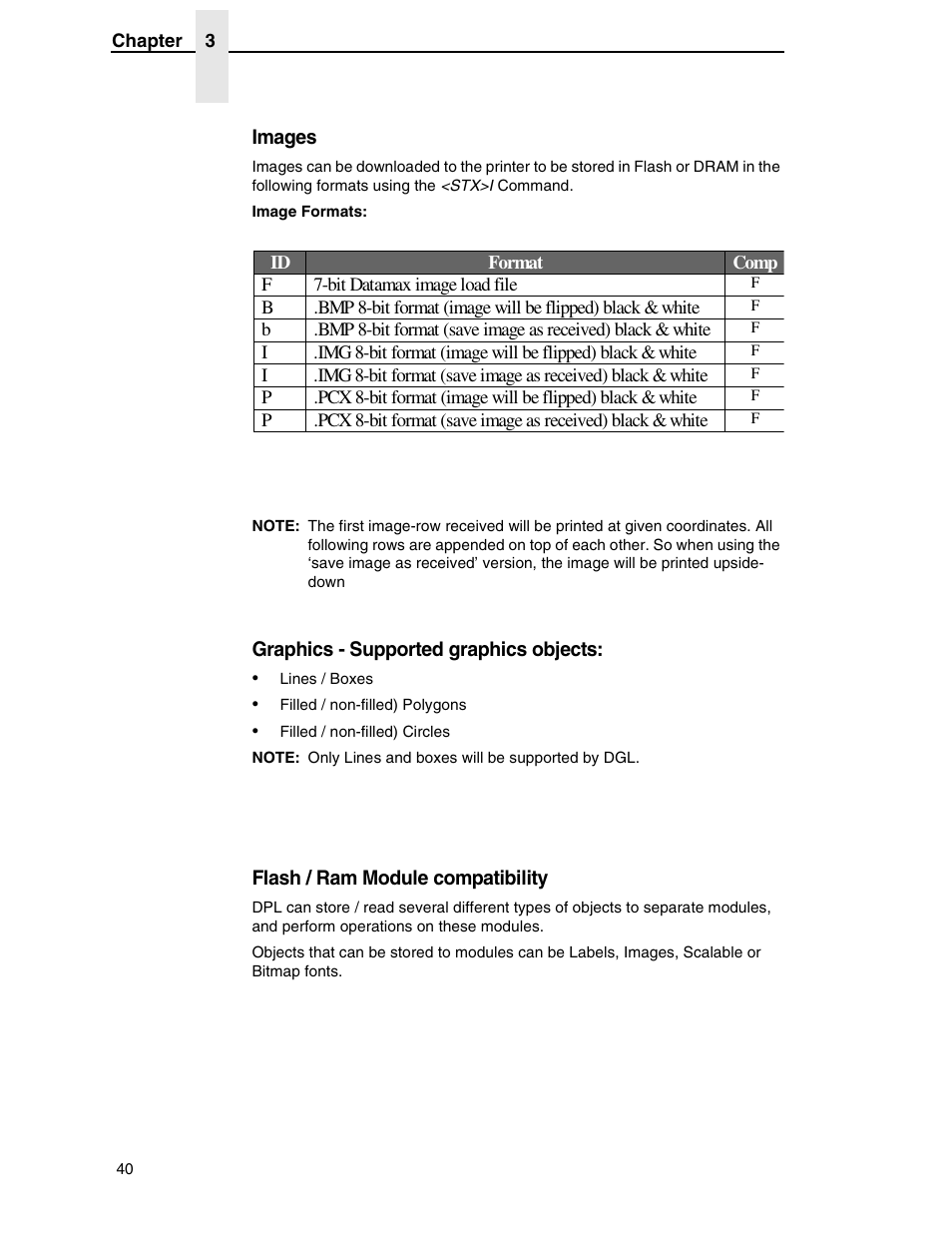 Images, Graphics - supported graphics objects, Flash / ram module compatibility | Datamax DGL User Manual | Page 40 / 56