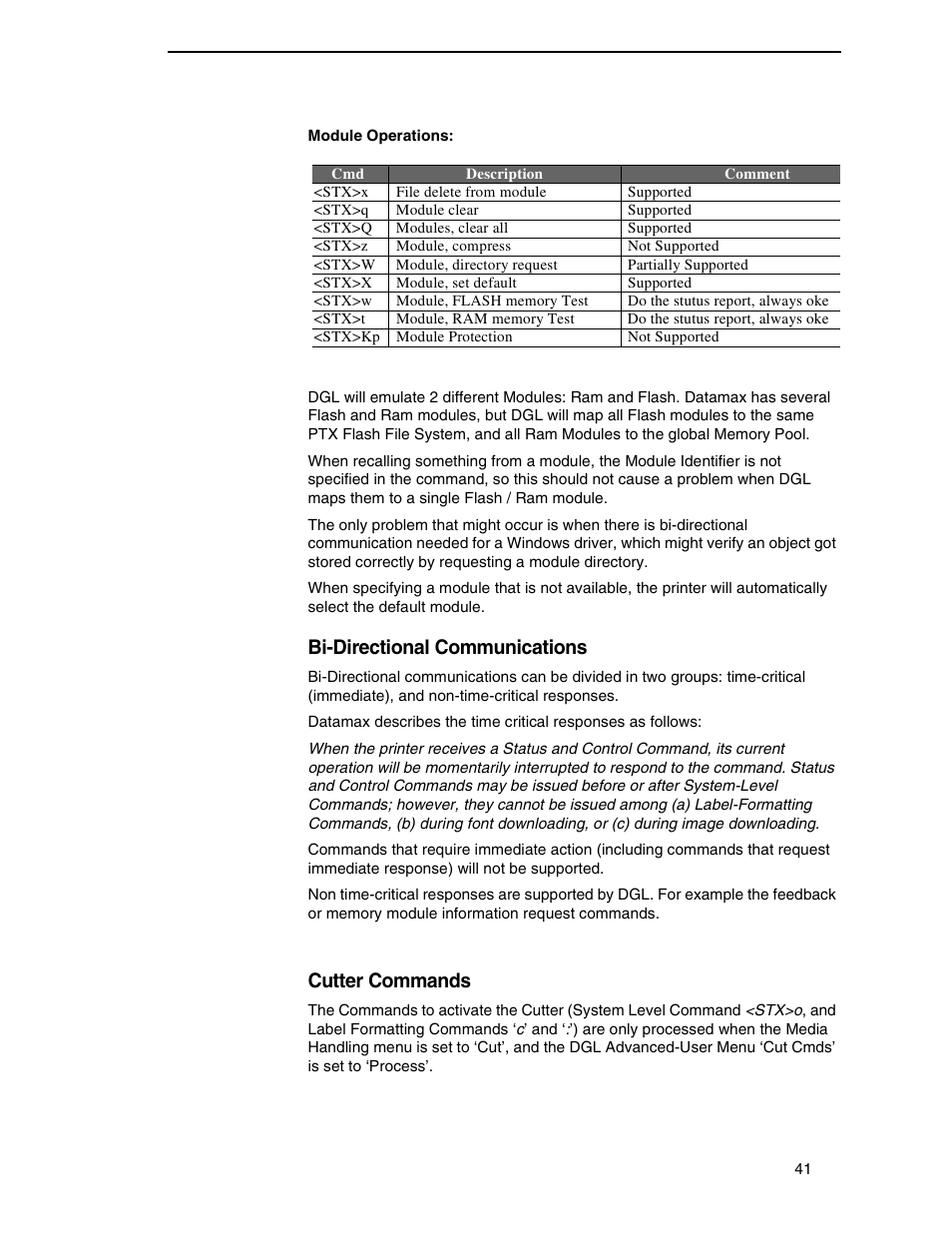 Bi-directional communications, Cutter commands | Datamax DGL User Manual | Page 41 / 56