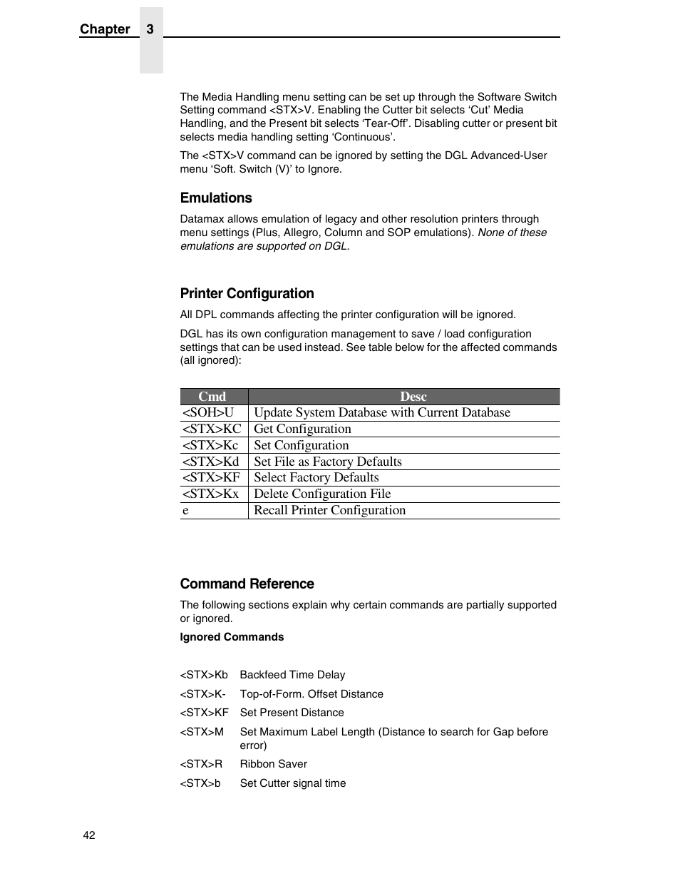 Emulations, Printer configuration, Command reference | Datamax DGL User Manual | Page 42 / 56