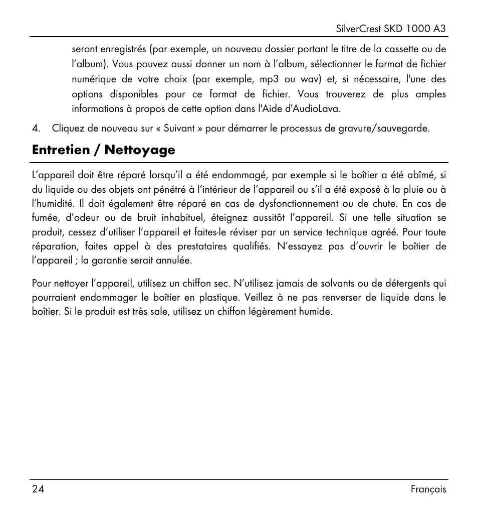 Entretien / nettoyage | Silvercrest SKD 1000 A3 User Manual | Page 26 / 86