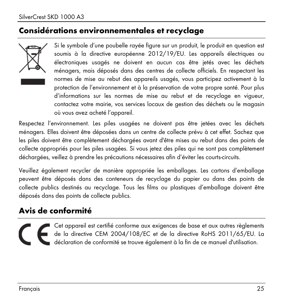 Considérations environnementales et recyclage, Avis de conformité | Silvercrest SKD 1000 A3 User Manual | Page 27 / 86