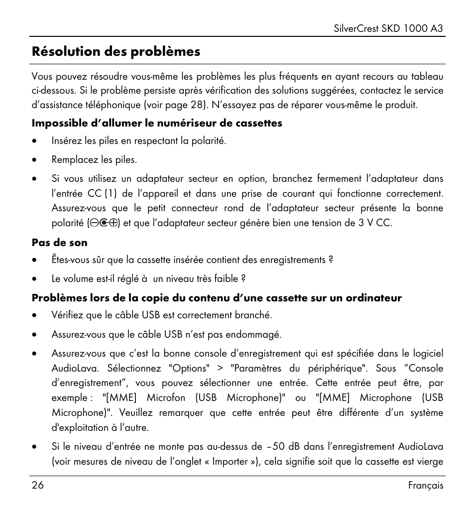 Résolution des problèmes | Silvercrest SKD 1000 A3 User Manual | Page 28 / 86