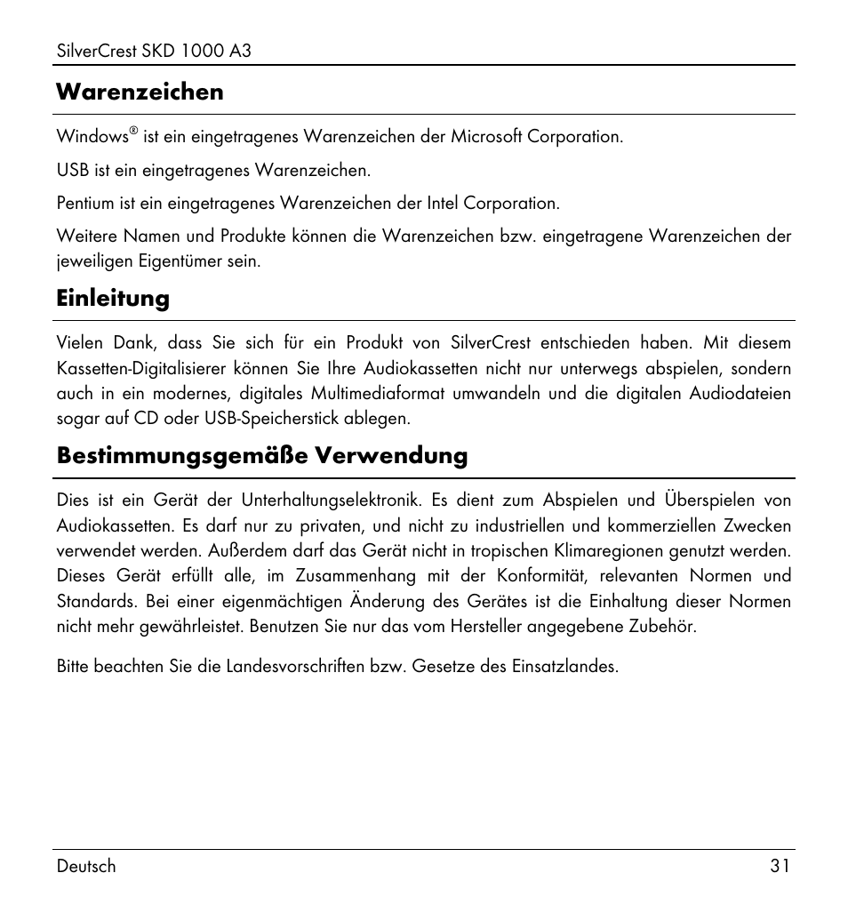 Warenzeichen, Einleitung, Bestimmungsgemäße verwendung | Silvercrest SKD 1000 A3 User Manual | Page 33 / 86