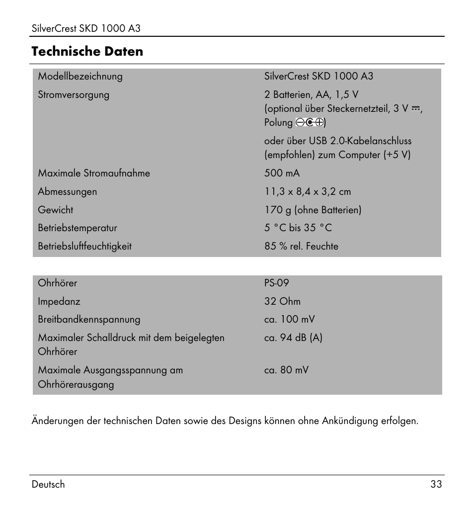 Technische daten | Silvercrest SKD 1000 A3 User Manual | Page 35 / 86