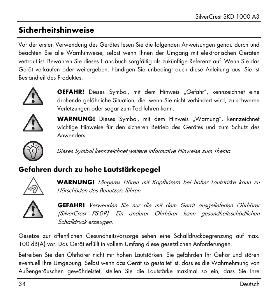 Sicherheitshinweise | Silvercrest SKD 1000 A3 User Manual | Page 36 / 86