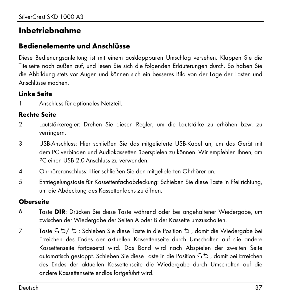 Inbetriebnahme | Silvercrest SKD 1000 A3 User Manual | Page 39 / 86