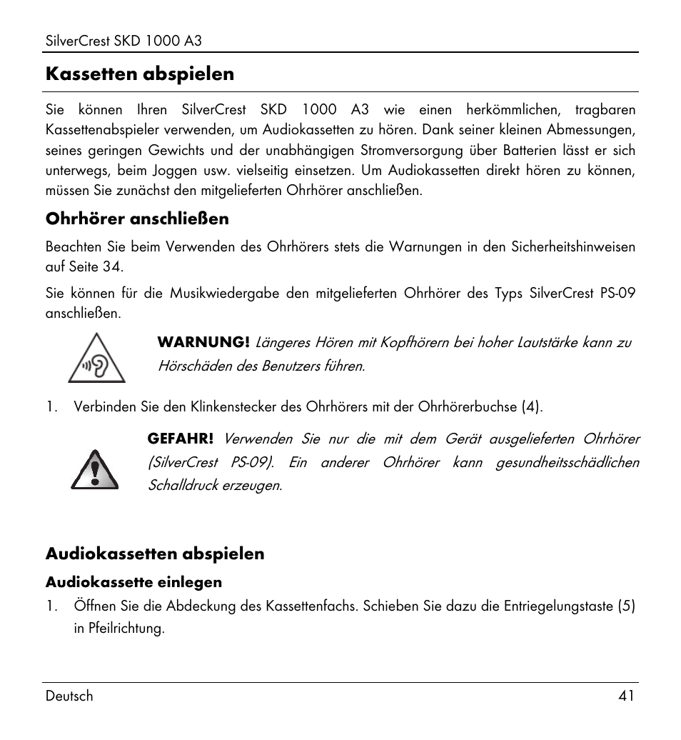 Kassetten abspielen | Silvercrest SKD 1000 A3 User Manual | Page 43 / 86