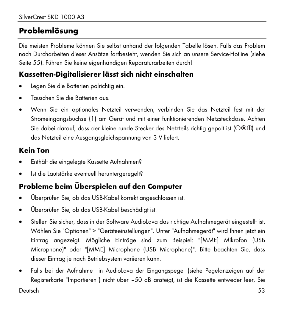 Problemlösung | Silvercrest SKD 1000 A3 User Manual | Page 55 / 86