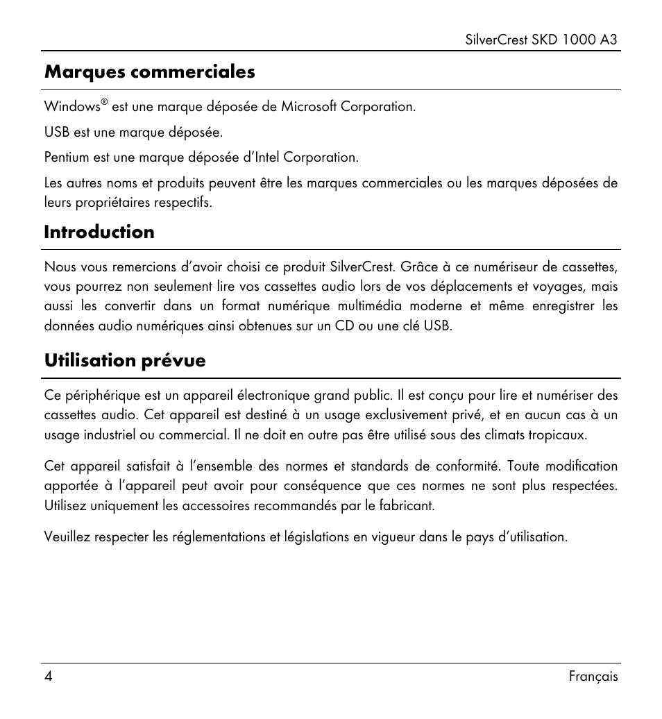 Marques commerciales, Introduction, Utilisation prévue | Silvercrest SKD 1000 A3 User Manual | Page 6 / 86