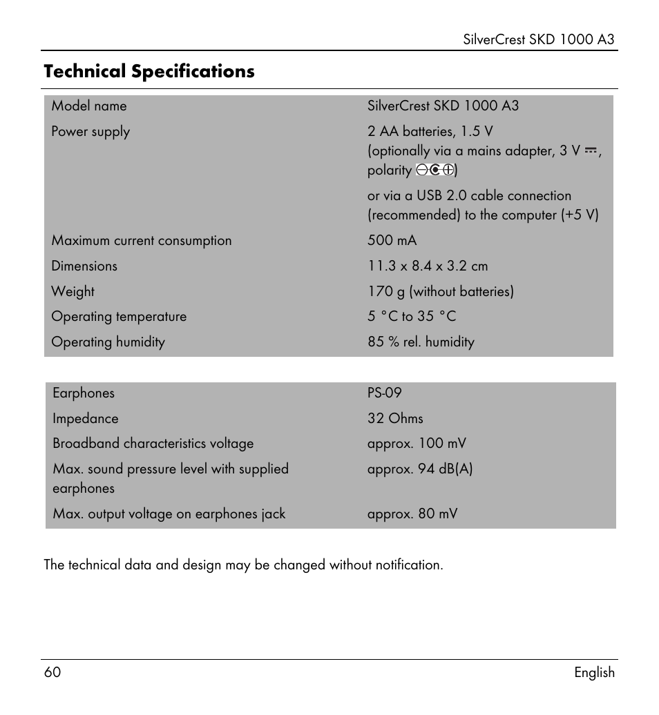 Technical specifications | Silvercrest SKD 1000 A3 User Manual | Page 62 / 86