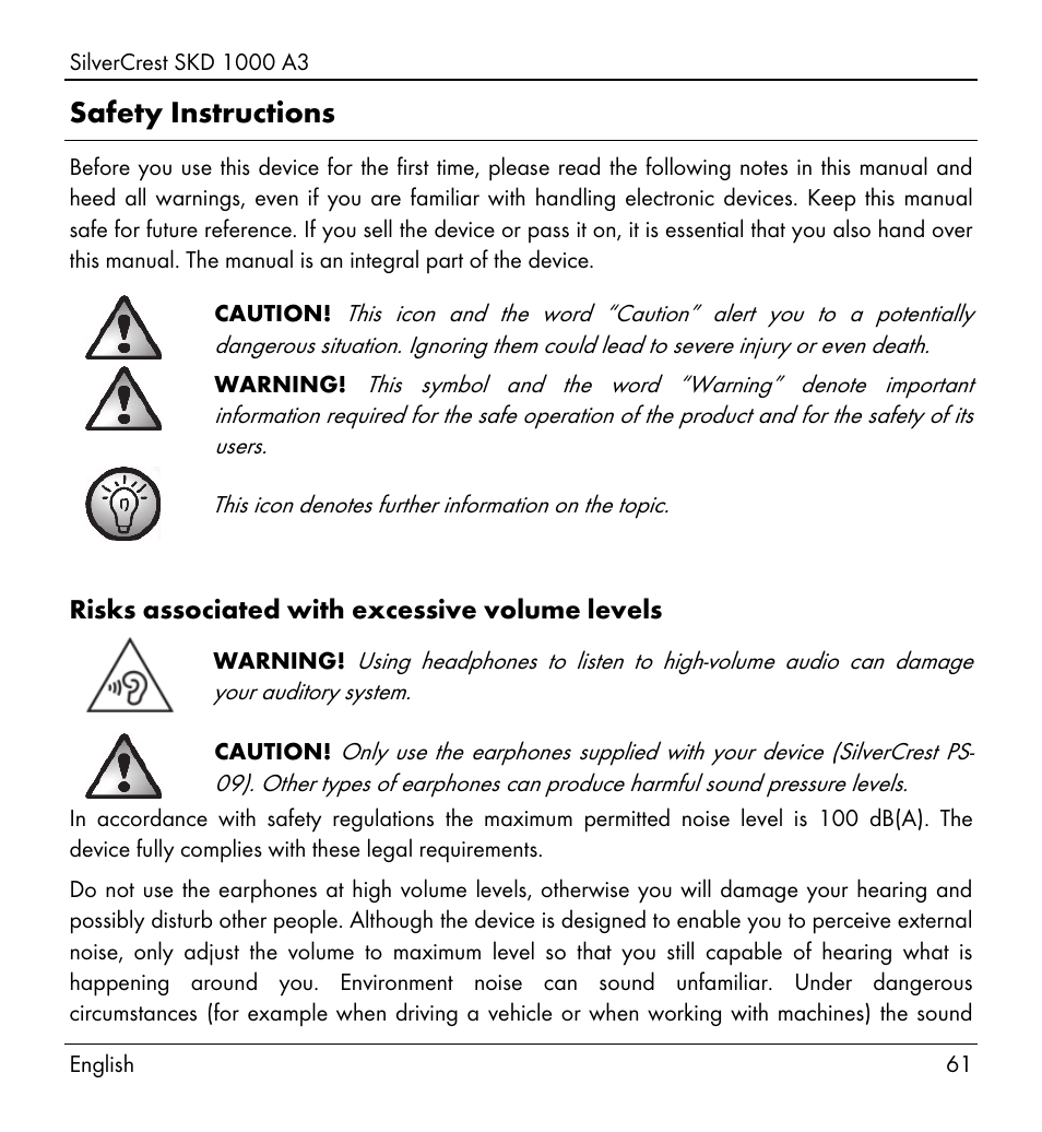 Safety instructions | Silvercrest SKD 1000 A3 User Manual | Page 63 / 86