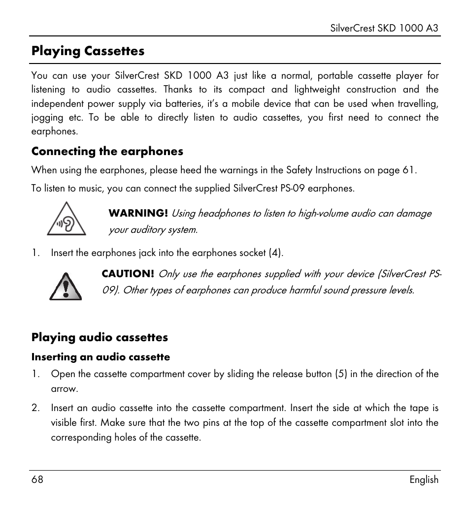Playing cassettes | Silvercrest SKD 1000 A3 User Manual | Page 70 / 86