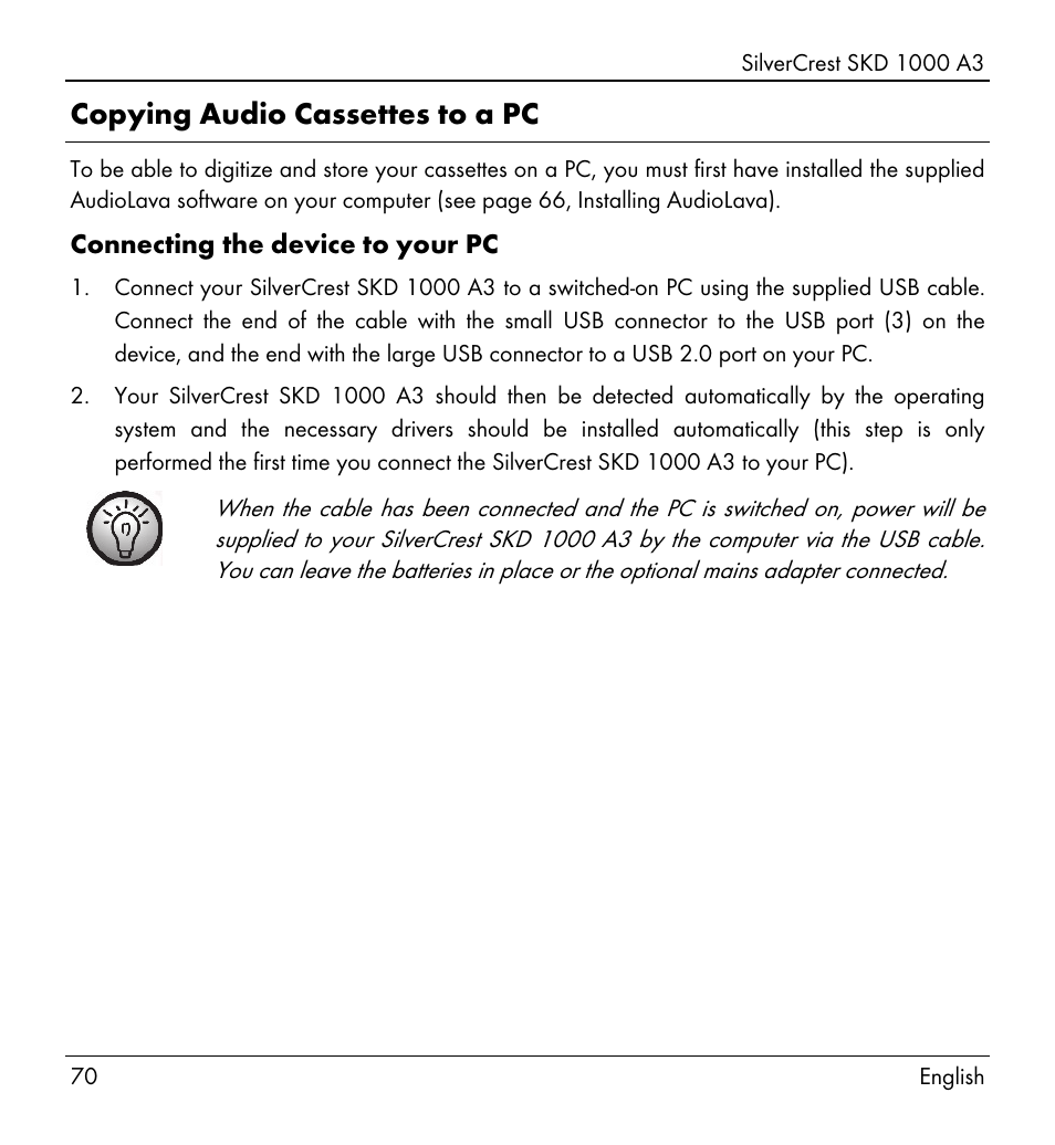 Copying audio cassettes to a pc | Silvercrest SKD 1000 A3 User Manual | Page 72 / 86
