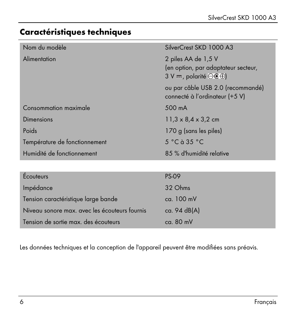 Caractéristiques techniques | Silvercrest SKD 1000 A3 User Manual | Page 8 / 86