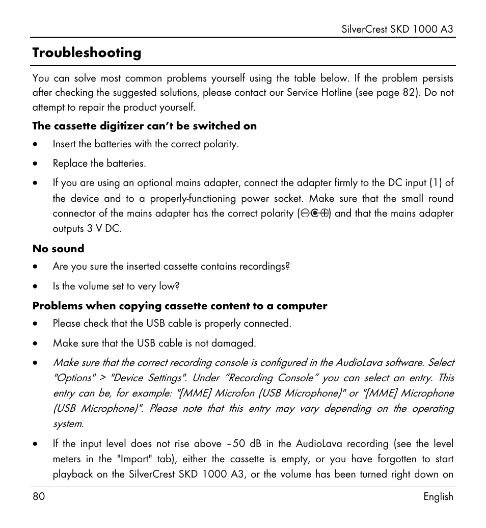 Troubleshooting | Silvercrest SKD 1000 A3 User Manual | Page 82 / 86