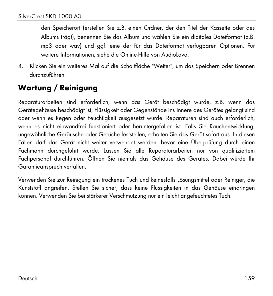 Wartung / reinigung | Silvercrest SKD 1000 A3 User Manual | Page 161 / 166