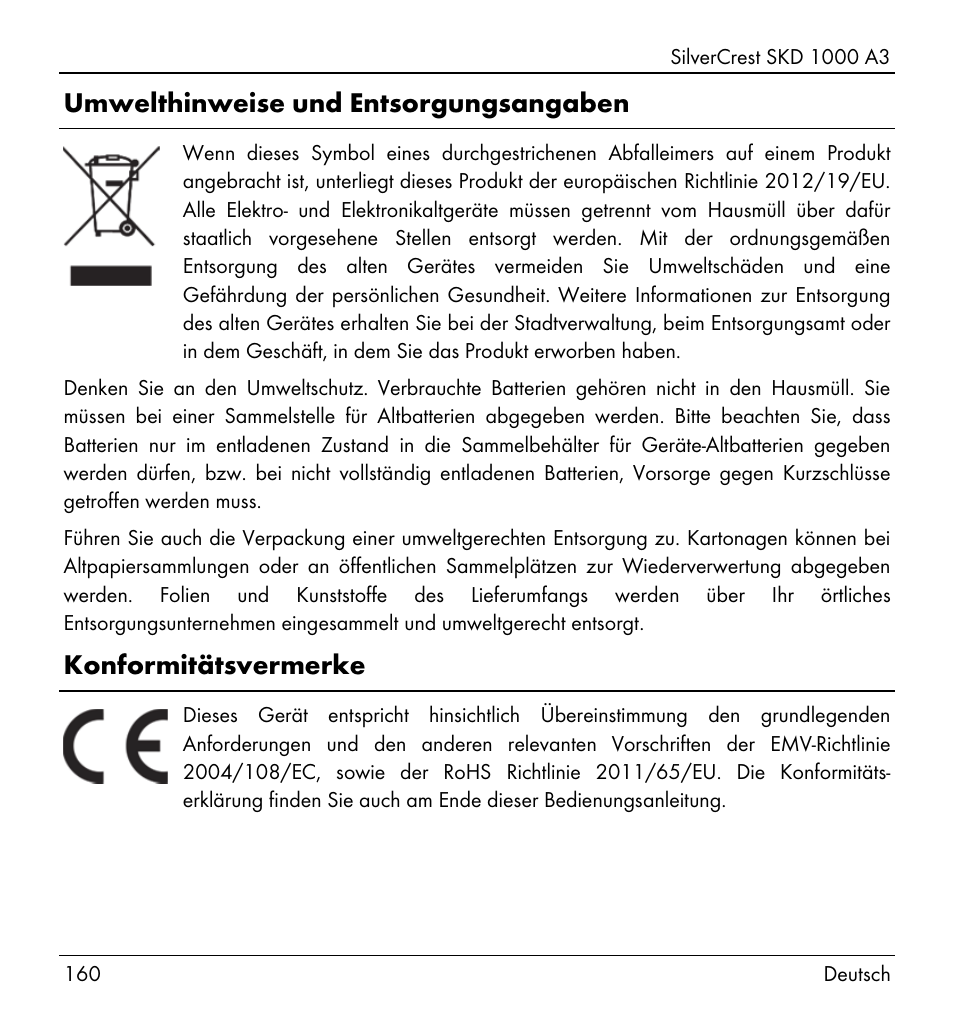 Umwelthinweise und entsorgungsangaben, Konformitätsvermerke | Silvercrest SKD 1000 A3 User Manual | Page 162 / 166