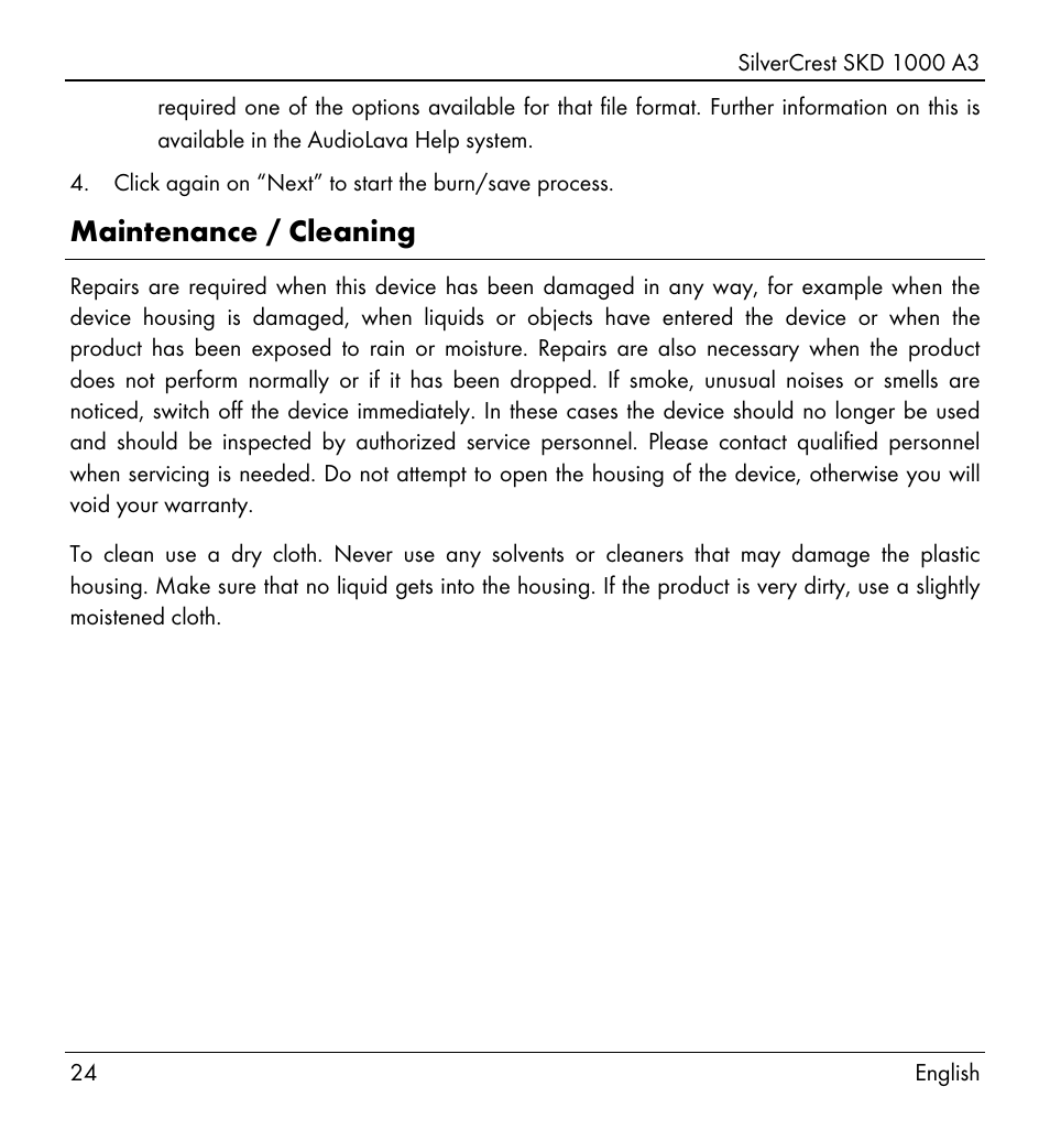 Maintenance / cleaning | Silvercrest SKD 1000 A3 User Manual | Page 26 / 166