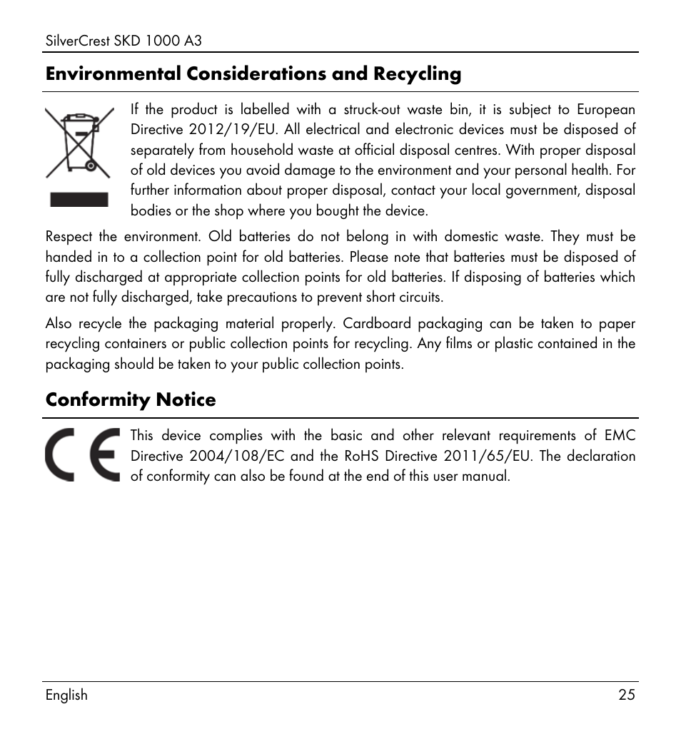 Environmental considerations and recycling, Conformity notice | Silvercrest SKD 1000 A3 User Manual | Page 27 / 166