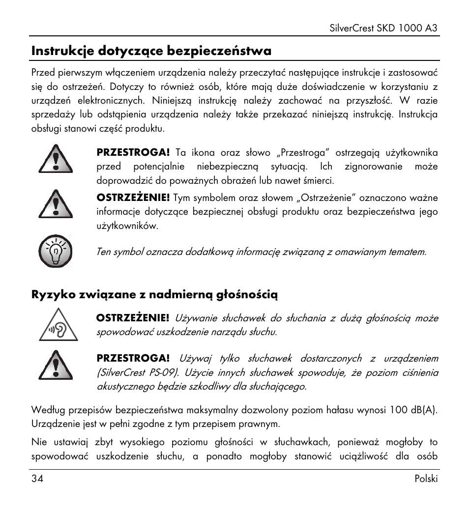Instrukcje dotyczące bezpieczeństwa | Silvercrest SKD 1000 A3 User Manual | Page 36 / 166