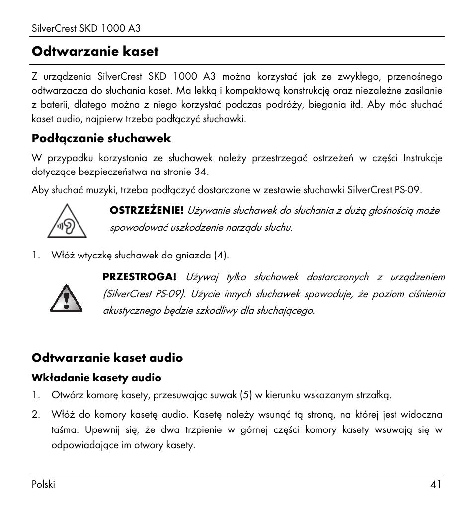 Odtwarzanie kaset | Silvercrest SKD 1000 A3 User Manual | Page 43 / 166