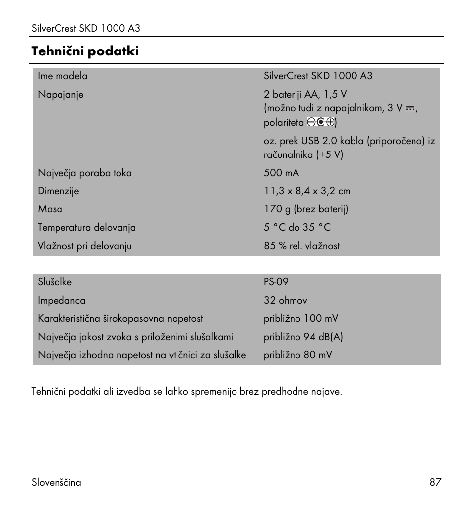 Tehnični podatki | Silvercrest SKD 1000 A3 User Manual | Page 89 / 166
