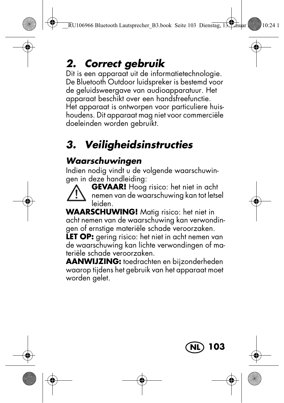 Correct gebruik, Veiligheidsinstructies | Silvercrest SBL 44 A1 User Manual | Page 105 / 142