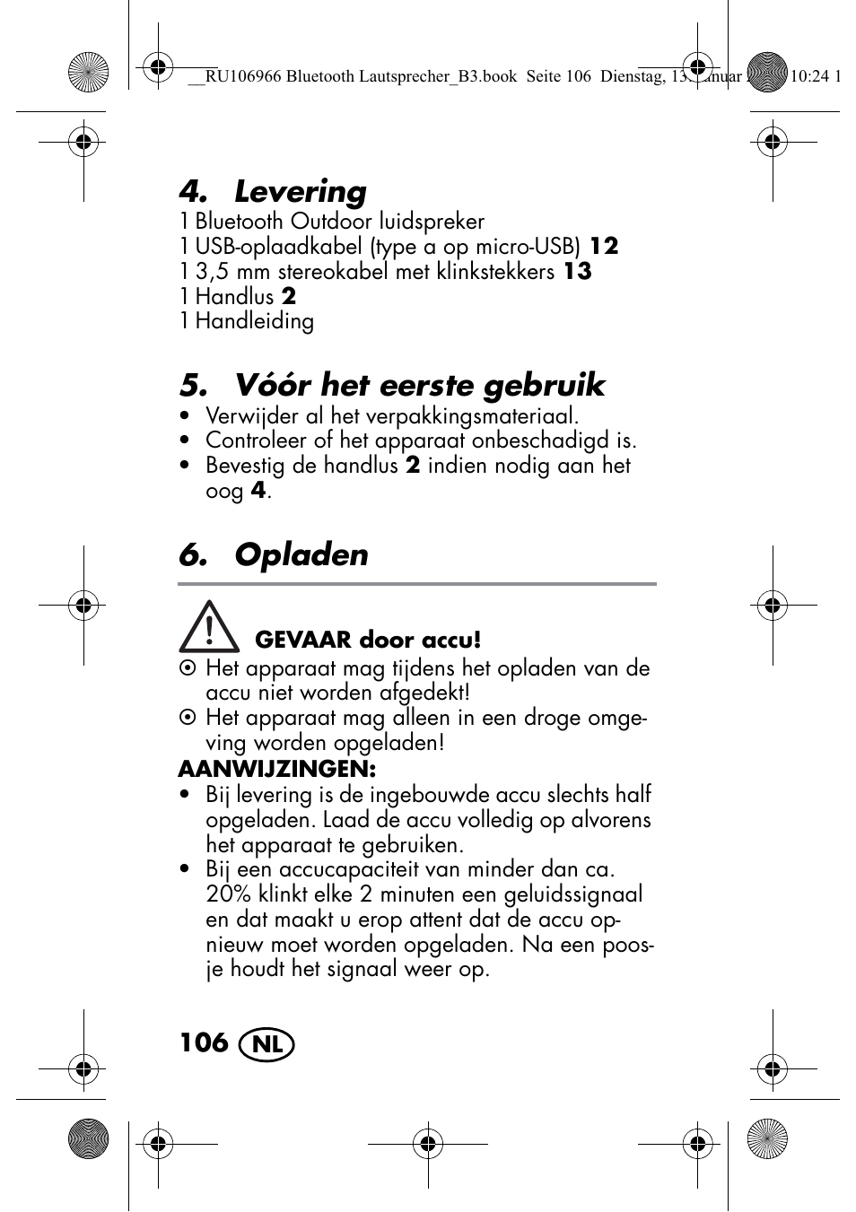 Levering, Vóór het eerste gebruik, Opladen | Silvercrest SBL 44 A1 User Manual | Page 108 / 142