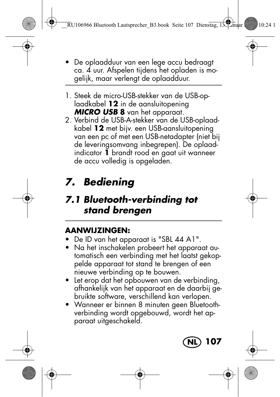 Bediening, 1 bluetooth-verbinding tot stand brengen | Silvercrest SBL 44 A1 User Manual | Page 109 / 142