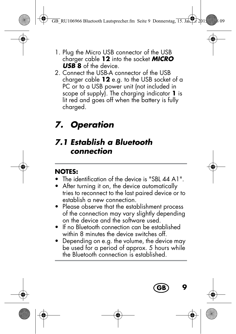Operation, 1 establish a bluetooth connection | Silvercrest SBL 44 A1 User Manual | Page 11 / 142