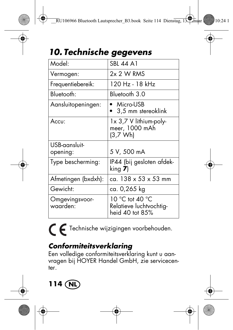 Technische gegevens | Silvercrest SBL 44 A1 User Manual | Page 116 / 142