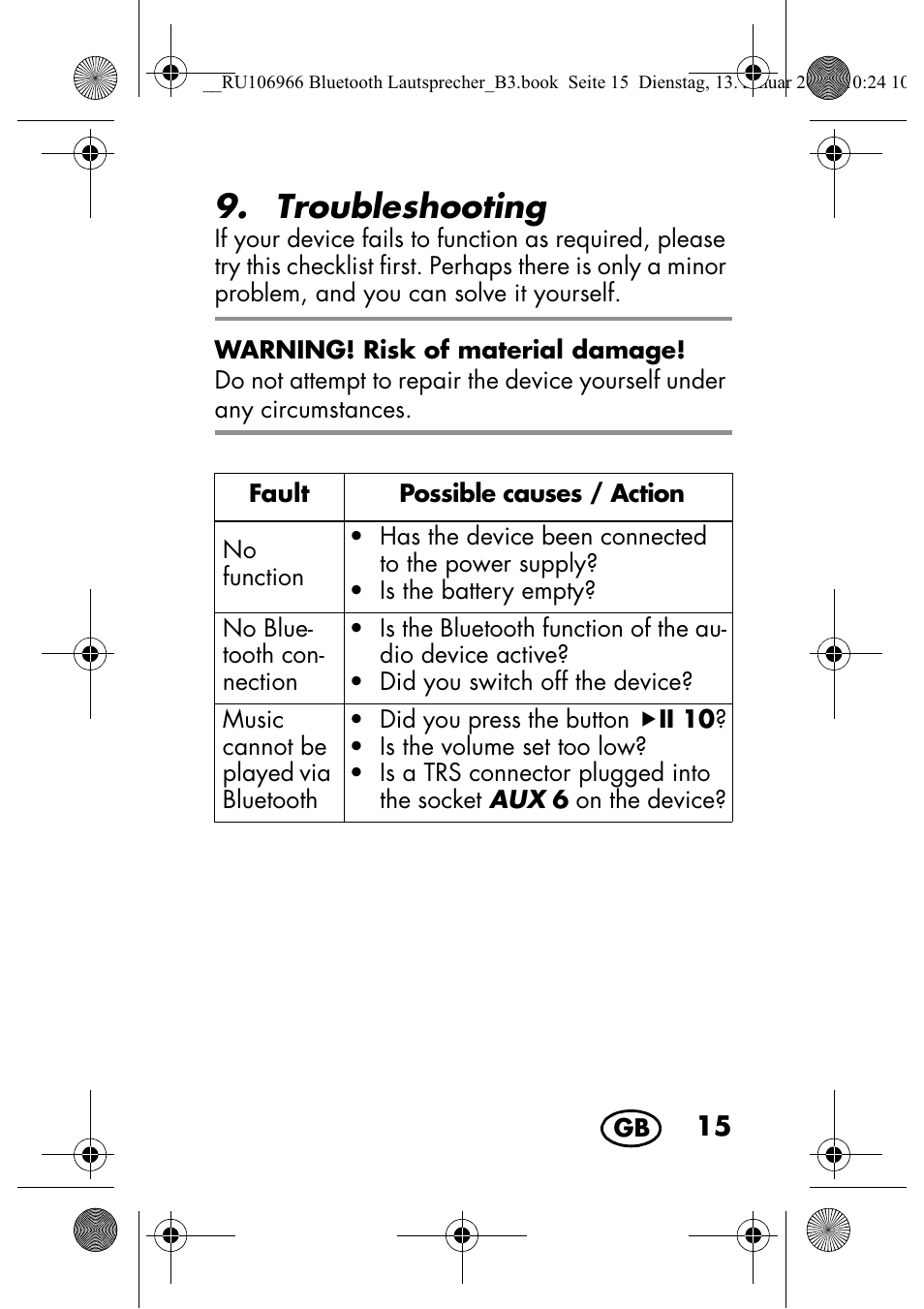 Troubleshooting | Silvercrest SBL 44 A1 User Manual | Page 17 / 142