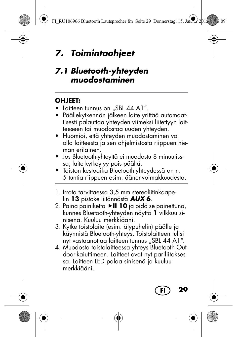 Toimintaohjeet, 1 bluetooth-yhteyden muodostaminen | Silvercrest SBL 44 A1 User Manual | Page 31 / 142