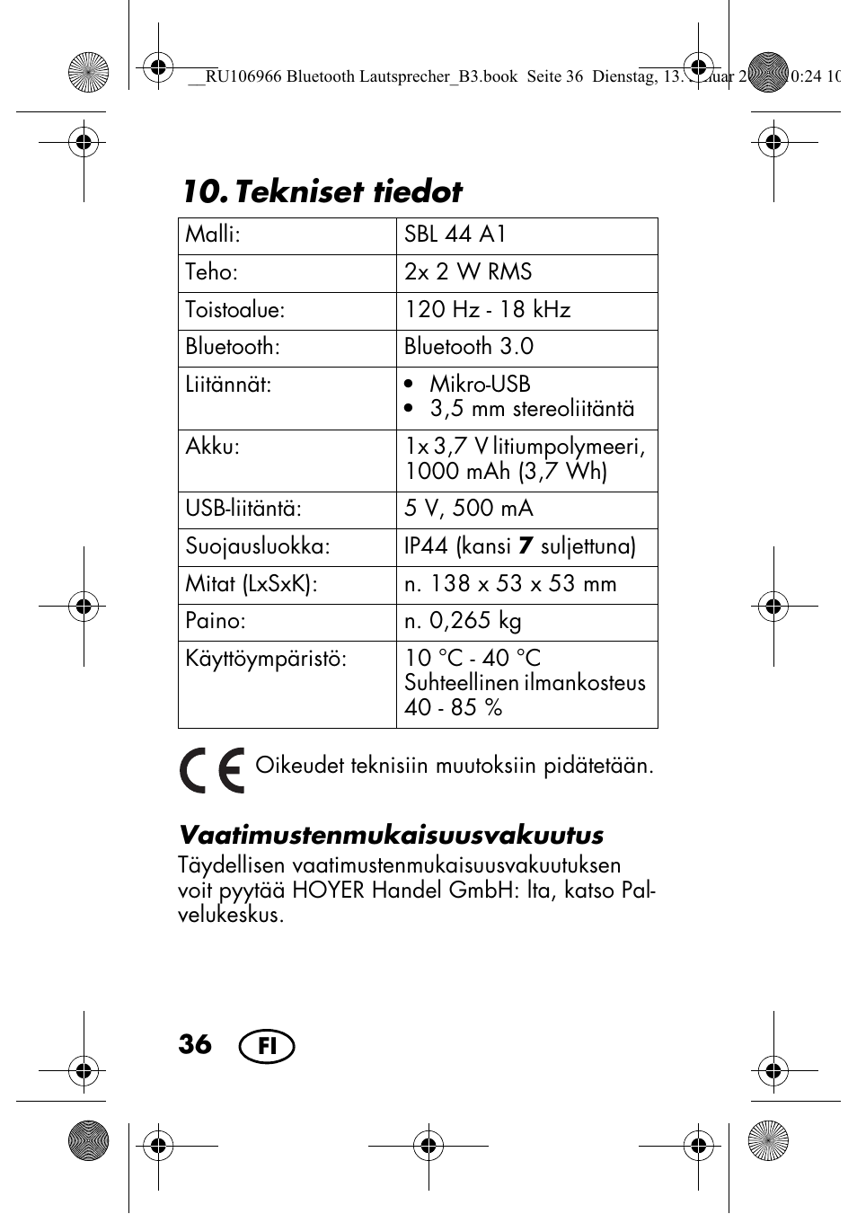 Tekniset tiedot | Silvercrest SBL 44 A1 User Manual | Page 38 / 142