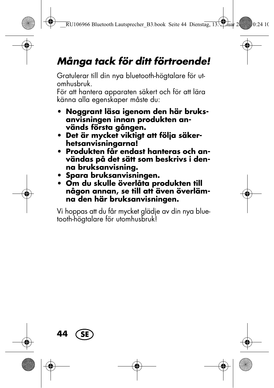 Många tack för ditt förtroende | Silvercrest SBL 44 A1 User Manual | Page 46 / 142