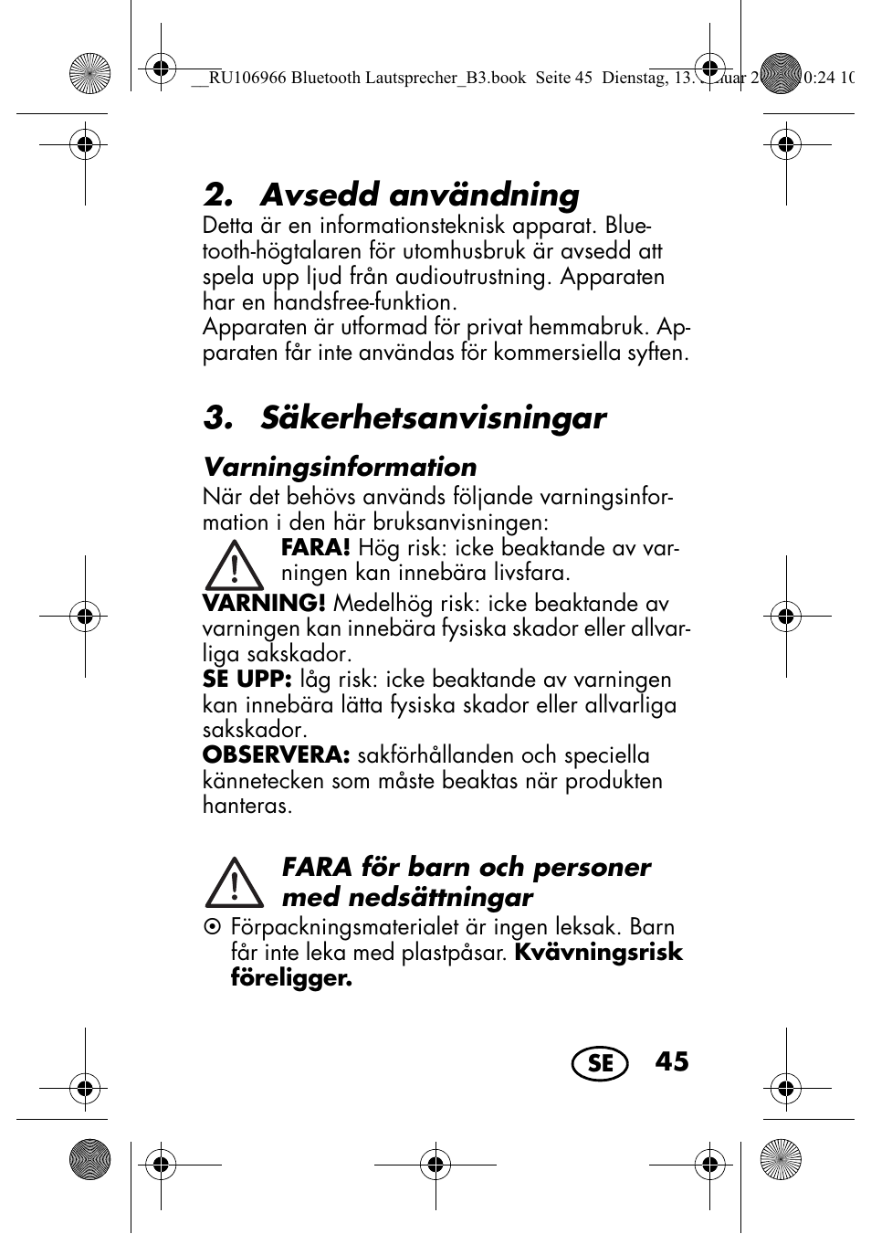 Avsedd användning, Säkerhetsanvisningar | Silvercrest SBL 44 A1 User Manual | Page 47 / 142