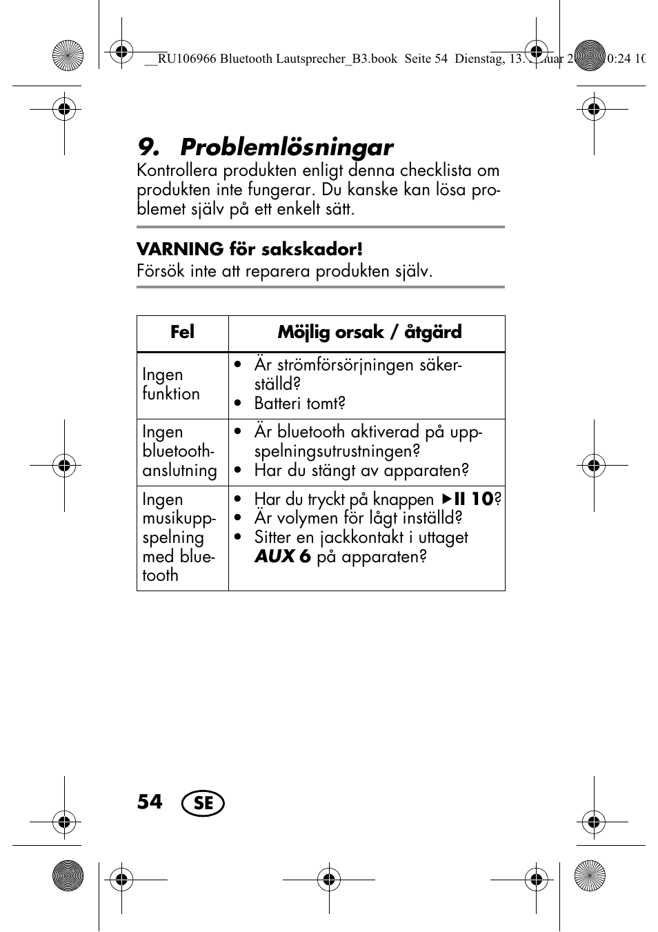 Problemlösningar | Silvercrest SBL 44 A1 User Manual | Page 56 / 142