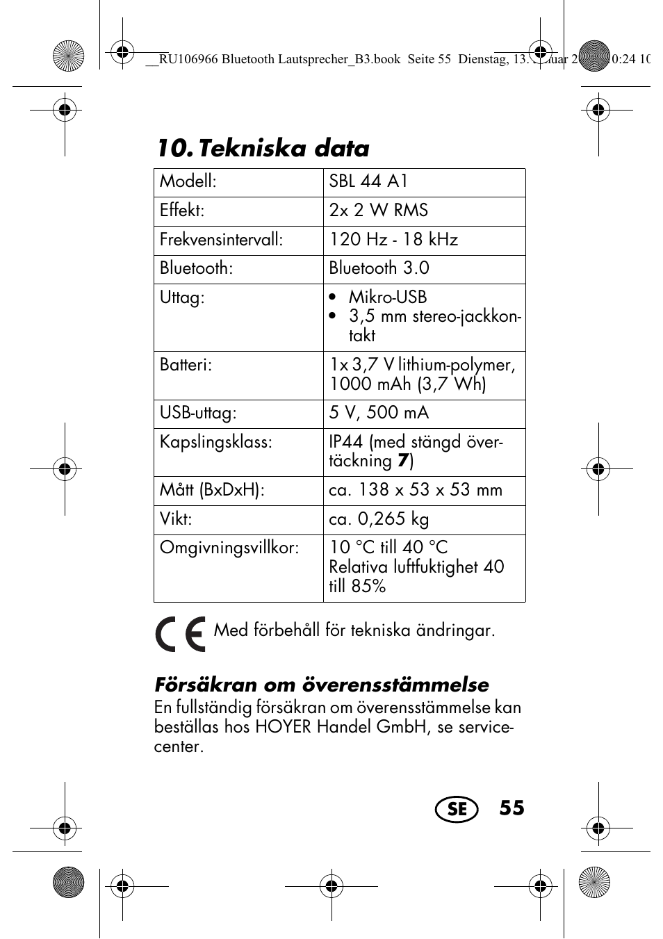 Tekniska data | Silvercrest SBL 44 A1 User Manual | Page 57 / 142