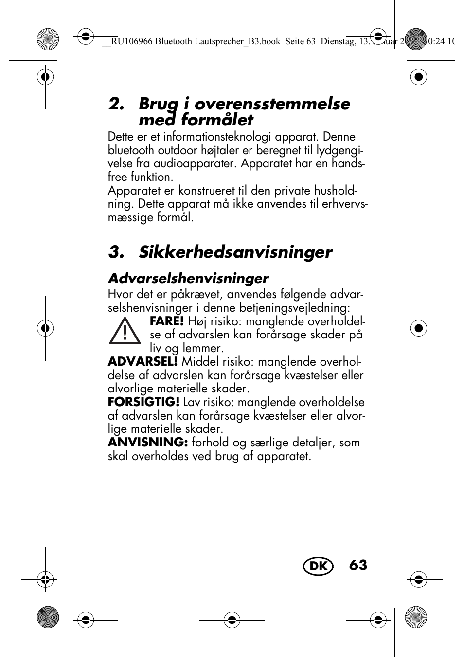 Brug i overensstemmelse med formålet, Sikkerhedsanvisninger | Silvercrest SBL 44 A1 User Manual | Page 65 / 142
