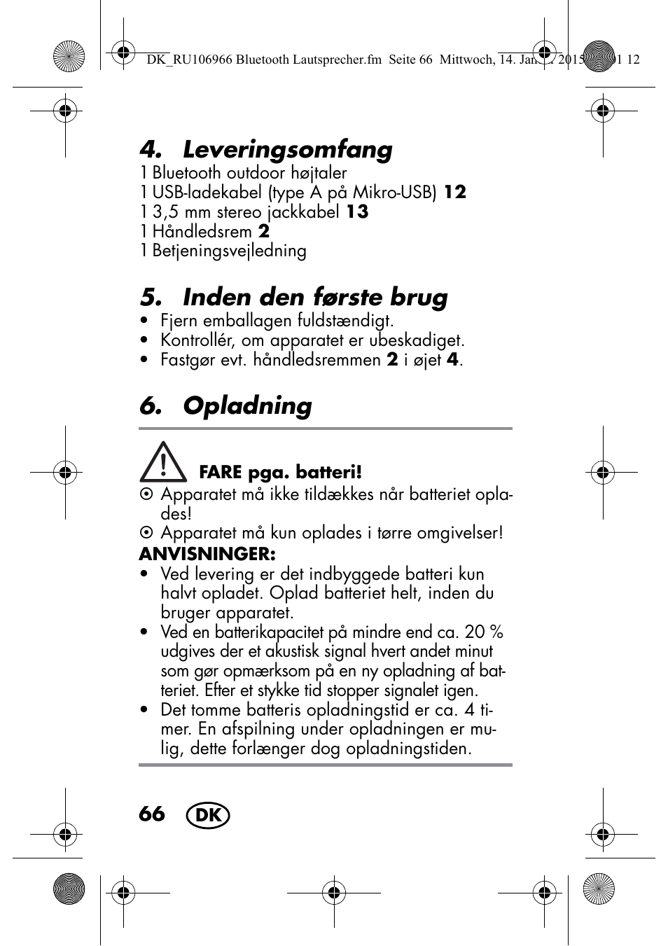 Leveringsomfang, Inden den første brug, Opladning | Silvercrest SBL 44 A1 User Manual | Page 68 / 142