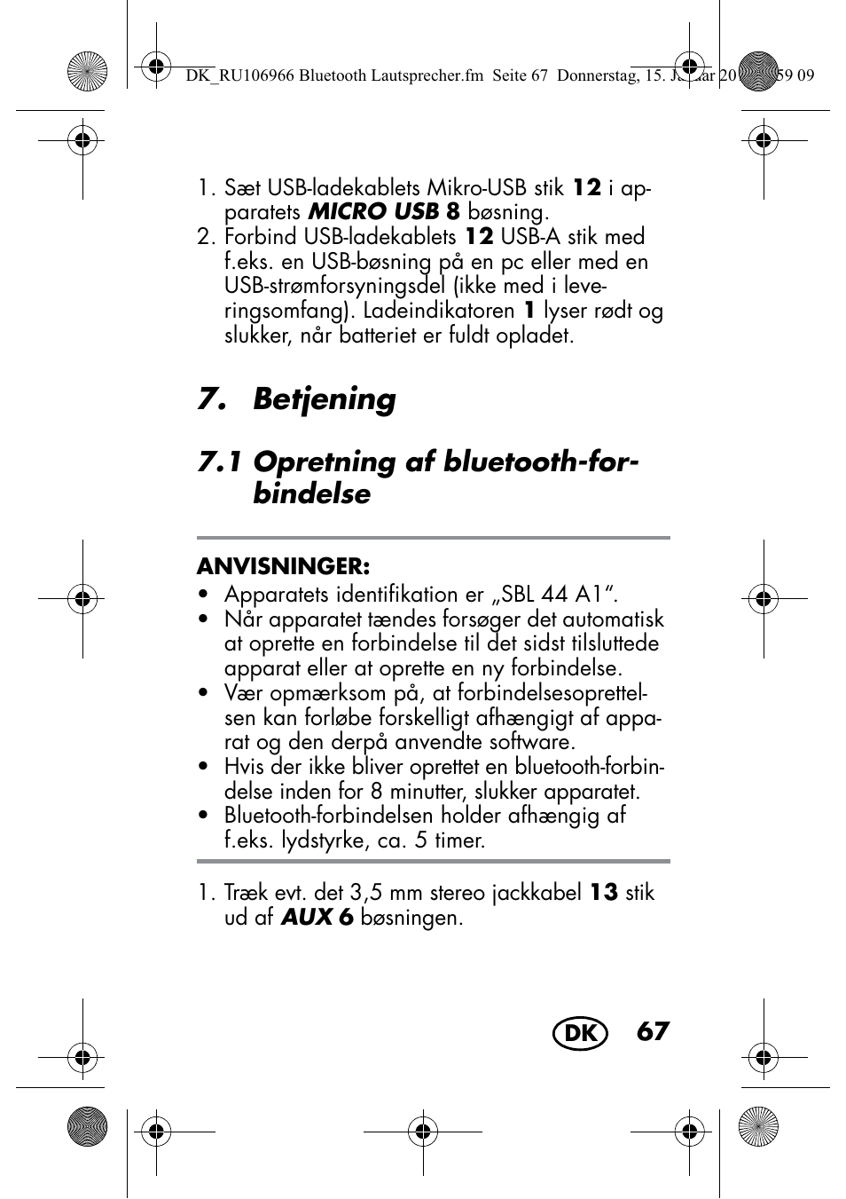 Betjening, 1 opretning af bluetooth-for- bindelse | Silvercrest SBL 44 A1 User Manual | Page 69 / 142