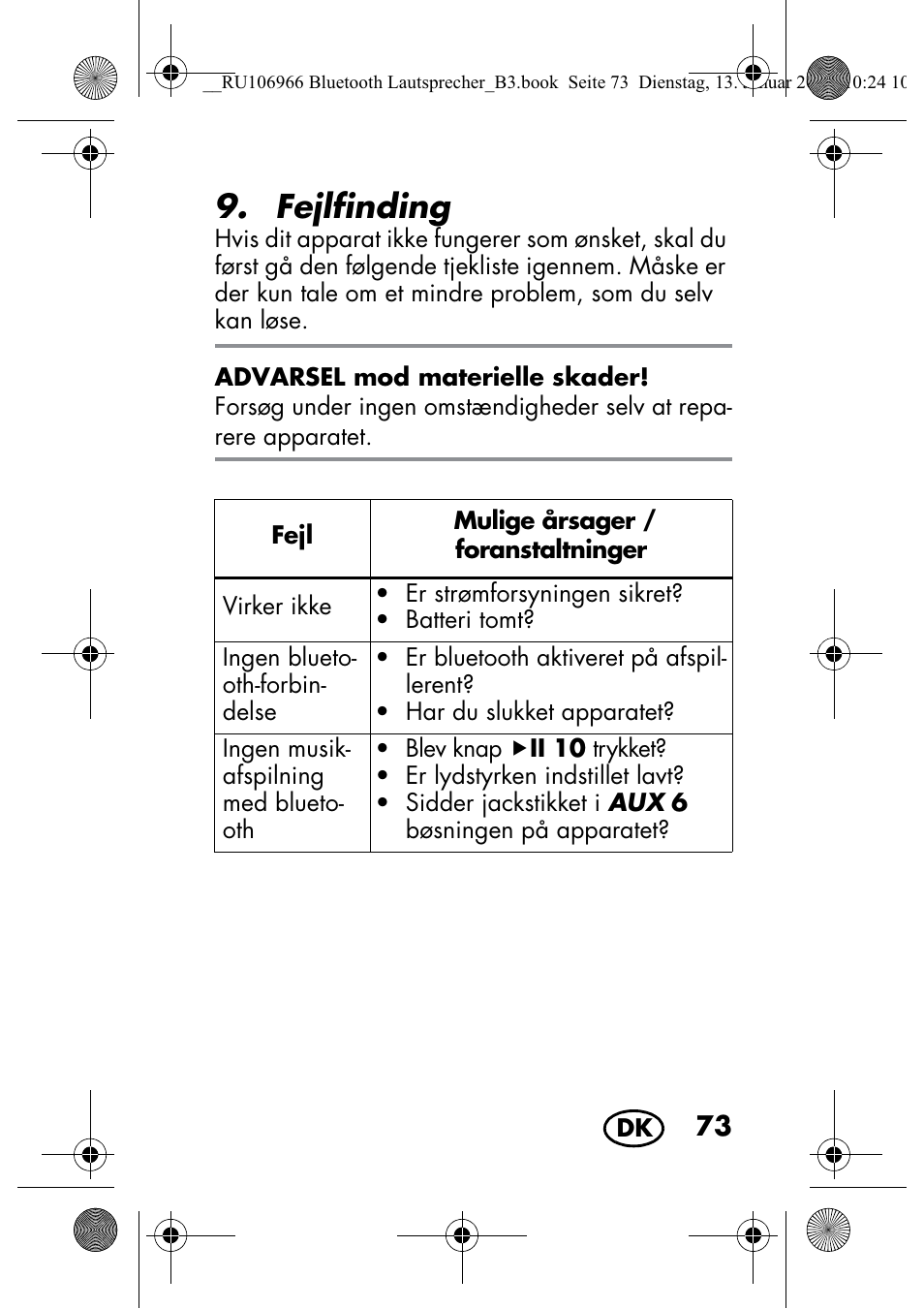 Fejlfinding | Silvercrest SBL 44 A1 User Manual | Page 75 / 142