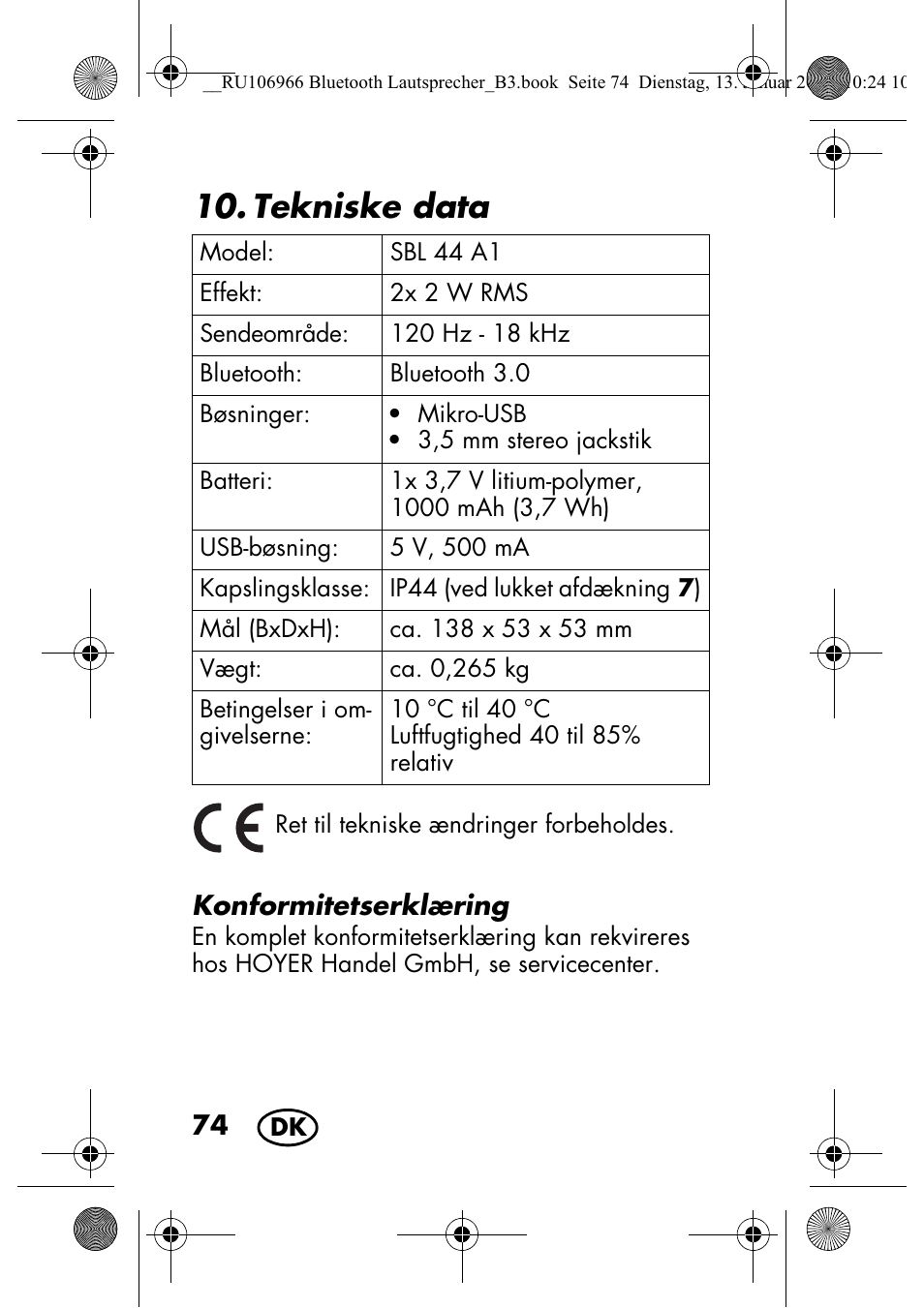 Tekniske data | Silvercrest SBL 44 A1 User Manual | Page 76 / 142