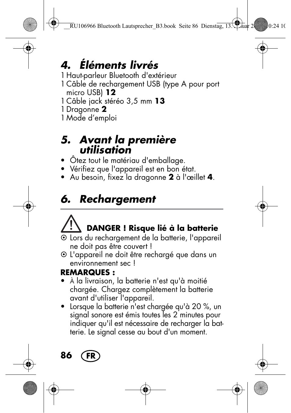 Éléments livrés, Avant la première utilisation, Rechargement | Silvercrest SBL 44 A1 User Manual | Page 88 / 142