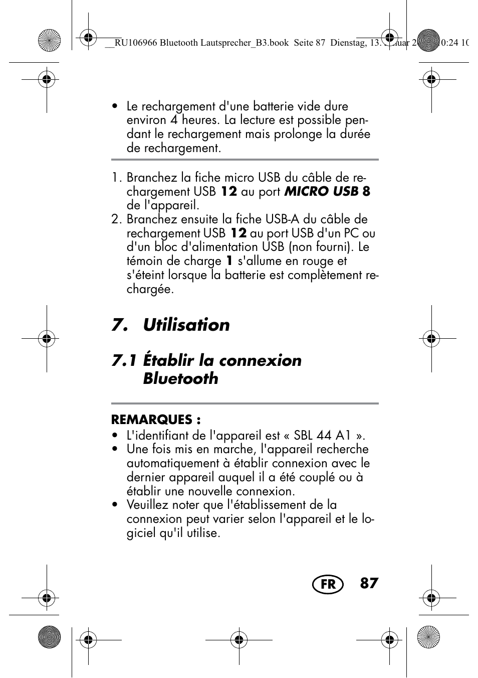 Utilisation, 1 établir la connexion bluetooth | Silvercrest SBL 44 A1 User Manual | Page 89 / 142