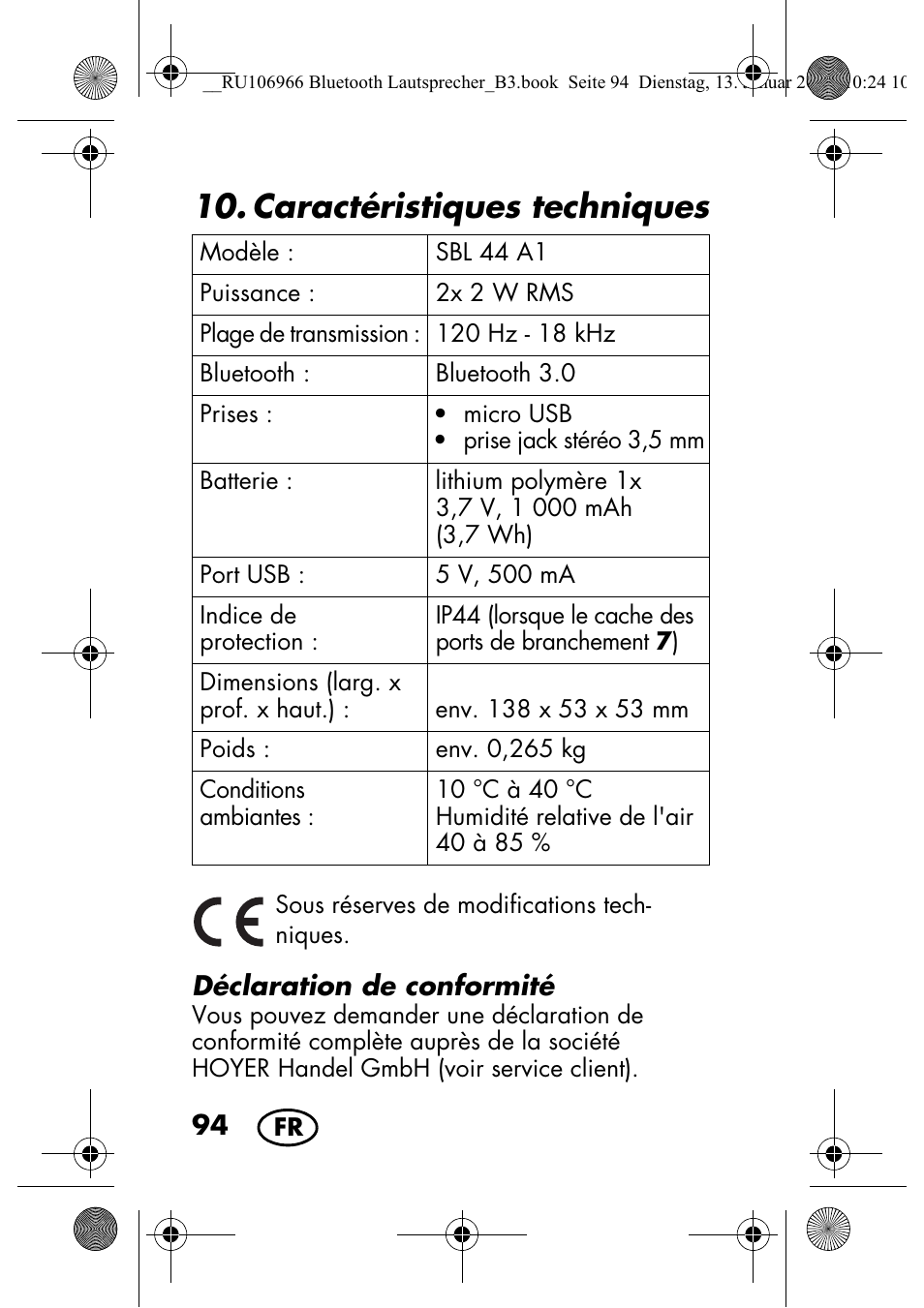 Caractéristiques techniques | Silvercrest SBL 44 A1 User Manual | Page 96 / 142