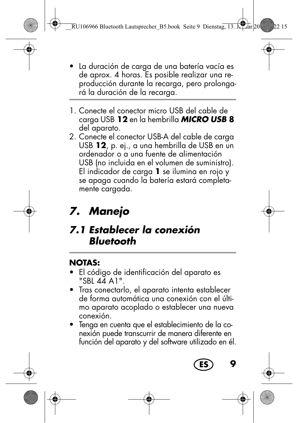 Manejo, 1 establecer la conexión bluetooth | Silvercrest SBL 44 A1 User Manual | Page 11 / 106