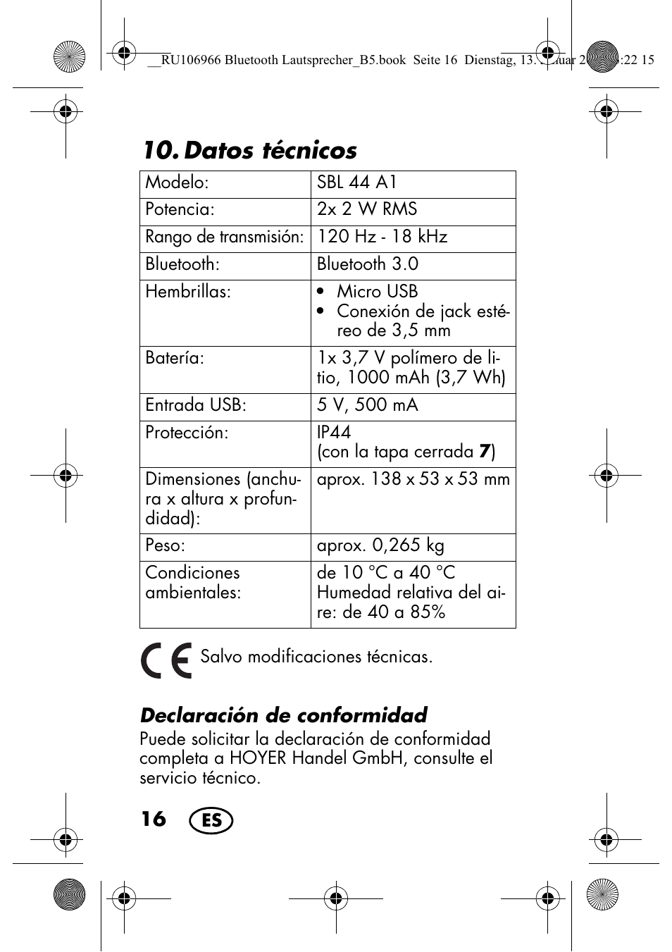 Datos técnicos | Silvercrest SBL 44 A1 User Manual | Page 18 / 106